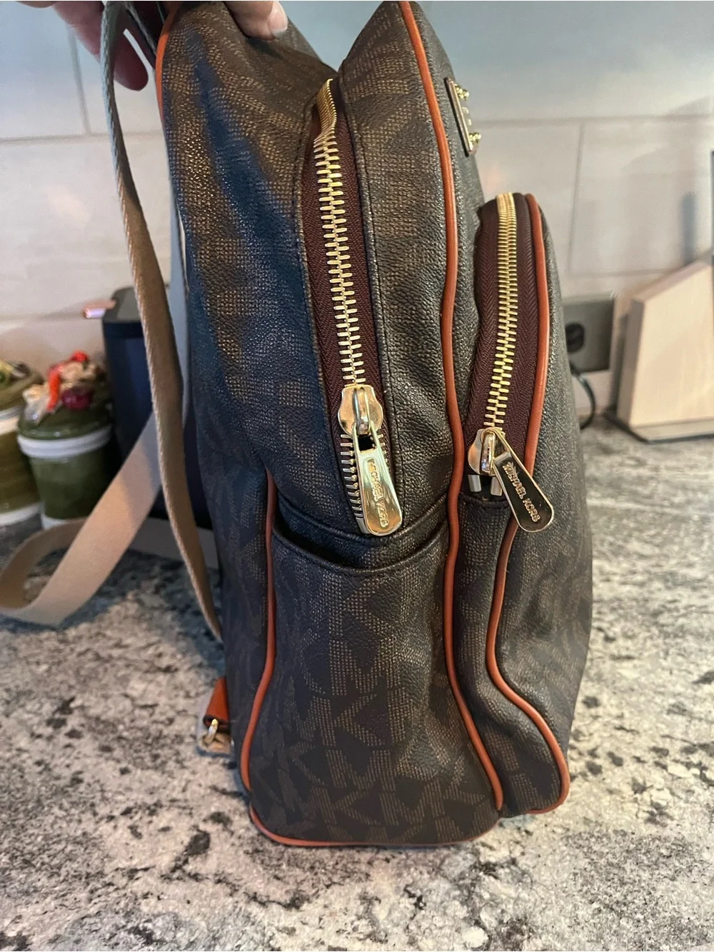 Michael Kors Large Zip-Pocket Backpack MK Brown Logo